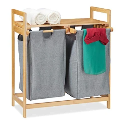 Afbeelding van Relaxdays dubbele wasmand 2 x 30 liter wassorteerder wasbox bamboe grijs