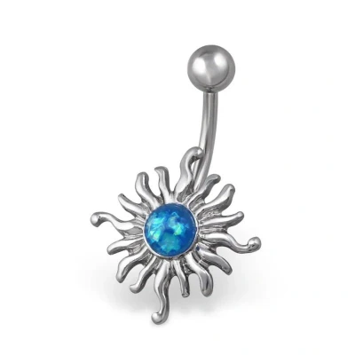 Afbeelding van Chirurgisch stalen navelpiercing zon met blauwe opaal zilverkleurig