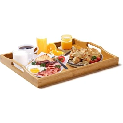 Afbeelding van SUPERBE Groot bamboe dienblad met handgrepen, houten voor ontbijt, thee, salontafel, decoratief butlerdienblad (natuurlijk, 1)