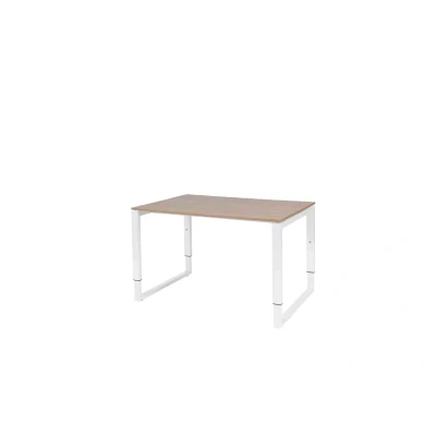 Afbeelding van Domino Plus bureau, hoogte instelbaar (62 85cm) met 120x80cm &#039;zwevend&#039; havana/ kersen licht 25mm blad en wit (RAL9010) O poot frame