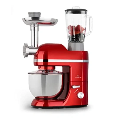 Afbeelding van Klarstein Lucia Elegance Multifunctionele Keukenmachine Mixer &amp; Vleesmolen 2000 W 6 Vermogensstanden Pulsefunctie 5 Liter RVS Kom 1,5 Glazen Mixerkan Kneedhaak, Deeghaak, Garde, Worst , Vlees En Pastahulpstukken Rood