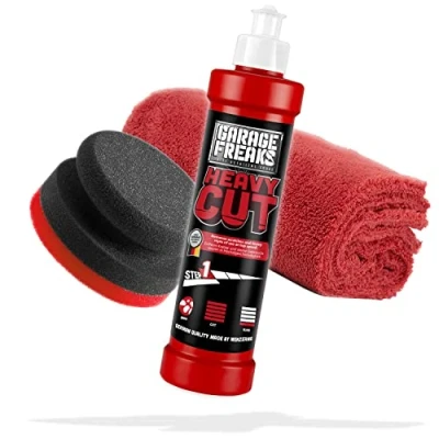 Afbeelding van Garage Freaks Handpolijstset Step 1: Heavy Cut polijstmiddel 250 ml verwijdert krassen en gebruikssporen + handpolijstspons Edgeless microvezel polijstdoek voor een optimale autopolish