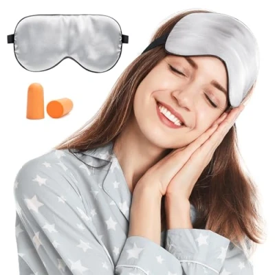 Afbeelding van Viedouce slaapmasker, zijde oogmasker, 100% huidvriendelijk, vrouwen en heren, aangenaam slaapmasker met reistas, ideaal voor thuis op reis (grijs)