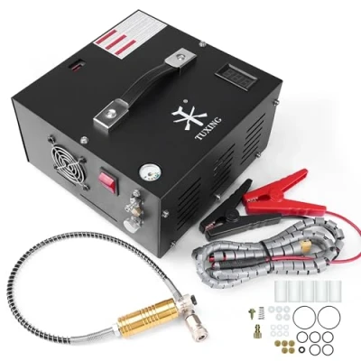 Afbeelding van TUXING 4500 psi Pcp luchtcompressor, ingebouwde vermogensomvormer, grote water en olieafscheider, één knop start, stroomvoorziening via 220 V AC of 12 DC, explosieschijf voor paintball/scuba