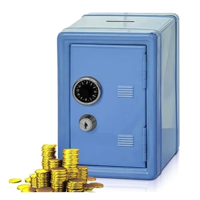 Afbeelding van spaarpot kluis, spaarvarken met geldgleuf, mini kluisje, metalen spaarbank, 2 sleutels, geldbesparing, H: 18cm L: 12cm B: 9,5cm, voor geldbox, sparen (blauw)