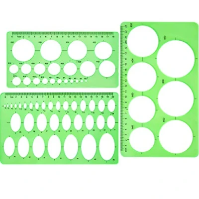 Afbeelding van Cirkelsjablonen linialen 3 stuks, kunststof, ronde en ovale sjablonen, meetsjablonen, voor kantoor school, gebouwen, bekistingstekeningen, groen/transparant