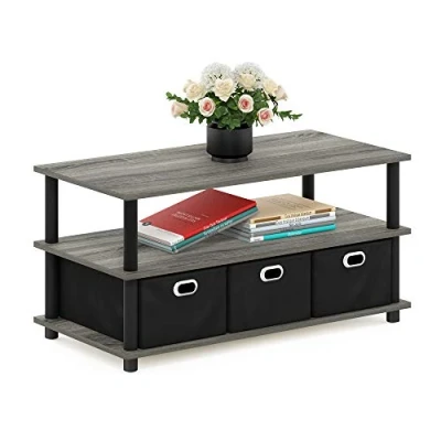 Afbeelding van Furinno Frans Turn Tube Salontafel met vuilnisladen, eiken grijs/zwart/zwart, 79,2 (B) x 40,1 (H) 39,4 (D) cm