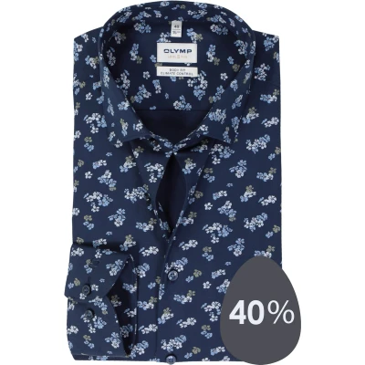 Afbeelding van OLYMP 24/7 Level 5 body fit overhemd dobby marine blauw dessin Strijkvriendelijk Boordmaat: 44