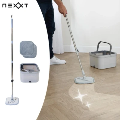 Afbeelding van Nexxt Dweil Met Emmer en Roterend Uitwringsysteem 2 Microvezelmoppen Verstelbare Steel Gescheiden Watercompartimenten Zeepdispenser