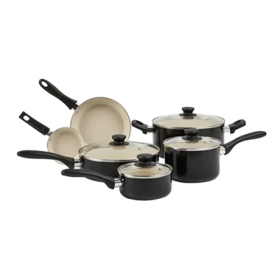 Afbeelding van Amazon Basics 11 delige pannenset, keramische potten en pannen, anti aanbaklaag, PFOA PTFE vrij, zwart/crème