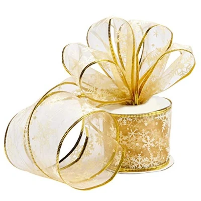 Afbeelding van BELLE VOUS Gouden organza kerstlint 10 m x 63 mm breed bedraad glinsterende sneeuwvlok kerstboomlint voor kerstboomdecoraties goud lint geschenkverpakking, knutselen, feestdecoratie