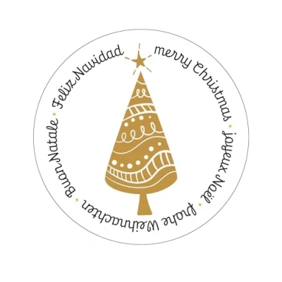 Afbeelding van Logbuch Verlag 200 kerststickers vrolijk kerstfeest etiketten op rol internationaal meertalig boom goud wit Ø 5 cm