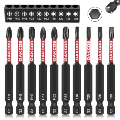 Afbeelding van DAKCOS 75mm lange Schroevendraaier Bit Set,1/4&quot; Platte Kop Boren voor Impact Power Tool,PH1/PH2/PH3/PZ1/PZ2/PZ3/T10/T20/T25/T30, S2 Staal