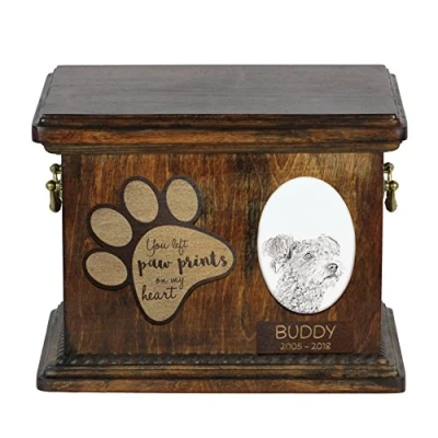 Afbeelding van Art Dog Custom Memorial Urn Handgemaakt Koud Gegoten Bronzen Portret op Berken Basis met Gepersonaliseerde Keramische Plaat 8,3x11,4x8,7 Pumi