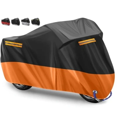 Afbeelding van Motorhoes Waterdichte 210D Oxford Stof Motorfietshoezen Motorfietsdekking Motorfiets Afdekzeil voor Binnen en buiten,beschermt tegen uv regen,stof,sneeuw (Oranje Reflecterende,265x105x125cm)