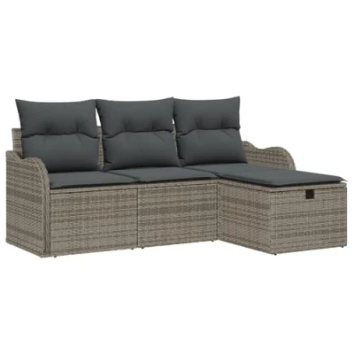 Afbeelding van vidaXL 4 delige Tuin Sofa Set met Kussens Grijs Poly Riet
