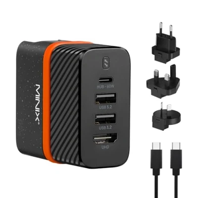 Afbeelding van MINIX P4K 65W Dock Charger Adapter voor Switch, Laptop, Smartphone, Tablet. 4 in 1 PD wandoplader met HDMI tv, 1xUSB C (Max 60W), 2xUSB A 3,2,3 m full featured USB kabel