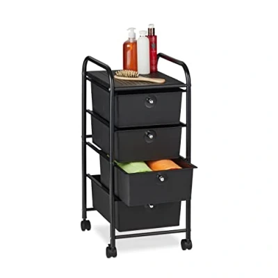 Afbeelding van Relaxdays badkamer trolley, 4 lades, metaal &amp; kunststof, opbergtrolley keuken, dicht, HBD: 74 x 33 39 cm, zwart
