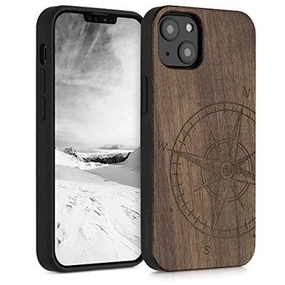 Afbeelding van kwmobile telefoonhoesje compatibel met Apple iPhone 13 Hoesje van hout en TPU In donkerbruin Vintage Kompas