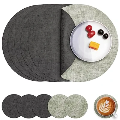 Afbeelding van Myir JUN Lederen Placemat Rond en Onderzetters, Tafelmatten Waterdichte Afveegbare Dubbelzijdige Plaats Matten Koffiematten Antislip Wasbare Placemats Coaster (Grijs Groen, Sets 6)