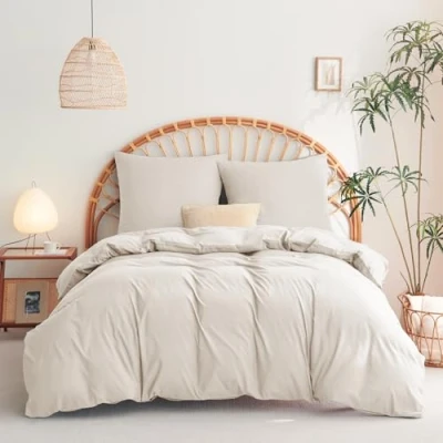 Afbeelding van WAVVE Dekbedovertrek 200 x cm met 2 kussenslopen 65 cm, beddengoedset voor tweepersoonsbed 140 190 160 ritssluiting, dekbedovertrekset van microvezel, beige,