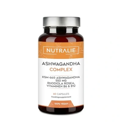 Afbeelding van Ashwagandha KSM 66® 550 mg Met vitamine B6 en B12 5% withanoliden 100% natuurlijk veganistisch Ayurveda supplement Withania somnifera 3% Rhodiola rosea 60 capsules Nutralie