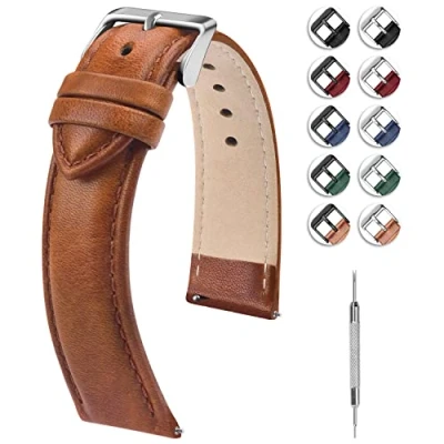 Afbeelding van Fullmosa horlogeband 18mm, Axus serie lederen band vervangende met roestvrijstalen metalen sluiting voor mannen vrouwen, Boom crème bruin + Zilveren Gesp