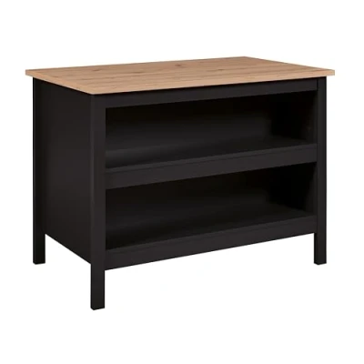 Afbeelding van Inter Link Keukeneiland middeneiland werkblad keukenkast met planken melamine gecoat lengte 124 cm hoogte 82 diepte 75 Helina zwart/Artisan
