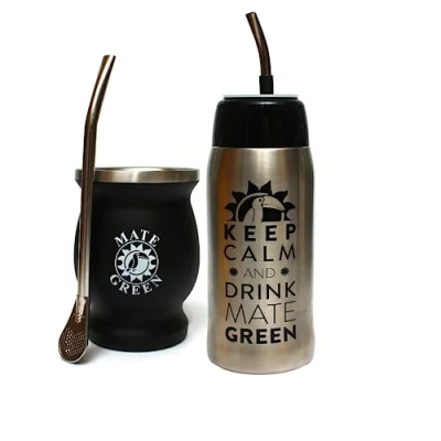 Afbeelding van Gaucho Cebar Outdoor Set Yerbomos thermoskan voor Yerba Mate Tee 580 ml, een draagbaar accessoire zwart thee roestvrij stalen beker met rietje Bombilla