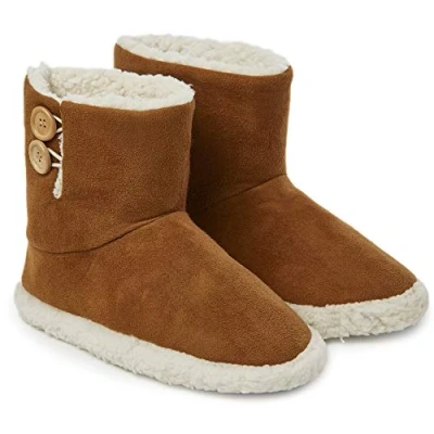 Afbeelding van Dunlop Herenpantoffels: Pluche pantoffels voor heren en tieners, warme indoor huisschoenen met traagschuim, maat 41 46, sherpa voering cadeaus mannen, Bruin, 44 EU
