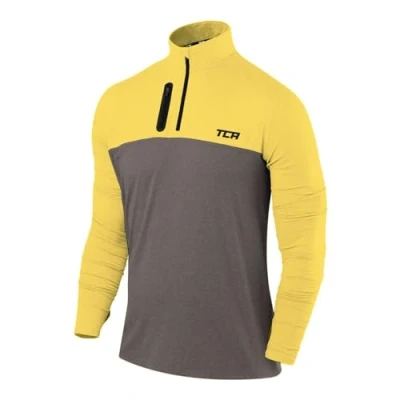 Afbeelding van TCA sportshirt heren lange mouw Sport shirt met halve rits Sneldrogend fietsshirt Hardloopshirt voorzak t Donkergrijs/Geel, L