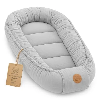 Afbeelding van Babynest babynestje pasgeboren met draaggreep 90 x 50 cm baby nestje draagbaar nest voor bed kinderen knuffelnest cocon jongens en meisjes Grijs Mousseline C