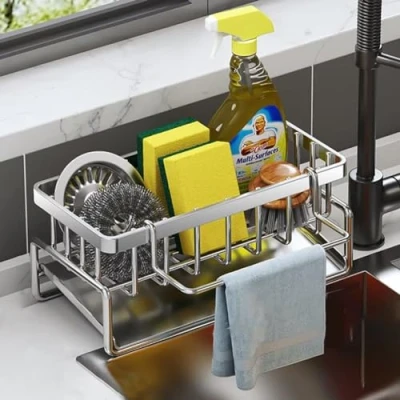 Afbeelding van Edumov Spoelbak Caddy Organizer, RVS Spons Houder Gootsteen met Afneembare Afvoerbak, Keuken Sink Organizer Vaatdoek Hanger (Roestvrij staal)