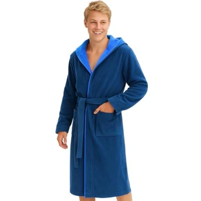 Afbeelding van Morgenstern badstof ochtendjas kinderen en jongeren met capuchon van puur katoen velour blauw 158 164 cm, 13 14 jaar