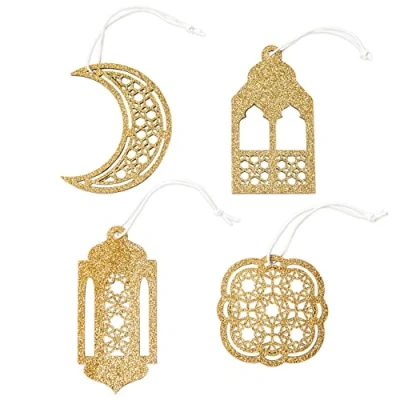 Afbeelding van Papierdrachen 12 decoratieve houten hangers voor de Ramadan als tafeldecoratie of boomdecoratie in goud glitter Set 7