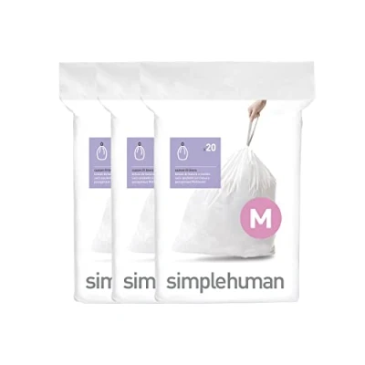 Afbeelding van simplehuman CW0261 code M maatwerk afvalzakken, vuilniszakken, 45 liter, 3 x pak van 20 (60 afvalzakken), wit plastic