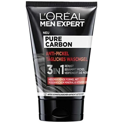 Afbeelding van L&#039;Oréal Men Expert Wasgel voor het gezicht, anti puistjes, gezichtsreiniging mannen, met vulkanisch mineraal en vitamine B3, pure carbon, 1 x 100 ml