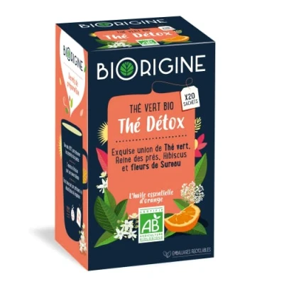 Afbeelding van BiOrigine Biologische groene thee detox vlierbloesem hibiscus moerasspirea 20 zakjes