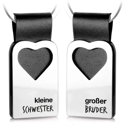 Afbeelding van FABACH hart sleutelhanger met gravure van leer cadeau voor broers en zussen kleine zus &amp; grote broer