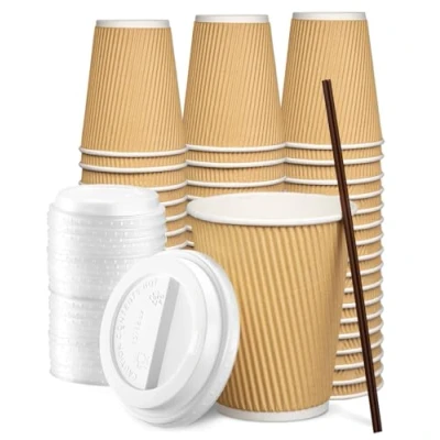 Afbeelding van [100 sets 350 ml] Geïsoleerde Kartonnen Hete Koffiebekers met Deksels…