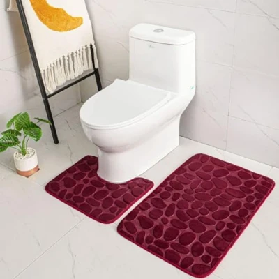 Afbeelding van ele ELEOPTION 2 delige antislip badmatset op voetstuk, ademende traagschuim badmatten zacht comfortabel waterabsorberend toilet badkamertapijt voetstuk achterkant (wijnrood)