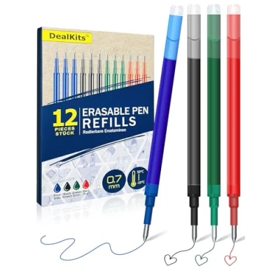 Afbeelding van DealKits 12 x uitwisbare reservevullingen, 0,7 mm gelpenvulling, compatibel met Pilot FriXion Ball &amp; Clicker Eberhard Faber, navulling voor gelpen, uitwisbaar, 400 m schrijflengte, blauw, zwart