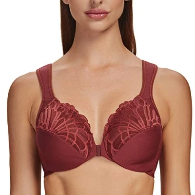Afbeelding van MELENECA Dames beha voorsluiting grote maten met beugel kant zonder vulling rood 100D