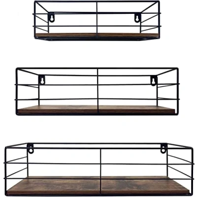 Afbeelding van EYMPEU Wandrek, set van 3, zwevende plank met rustieke houten en zwart metaal, voor keuken, badkamer, woonkamer kantoor