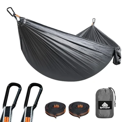 Afbeelding van NatureFun ultralichte hangmat voor kamperen en reizen, draagvermogen 300 kg, 275 x 140 cm, ademend, sneldrogend nylon parachutes, 2 premium karabijnhaken, riemen inbegrepen
