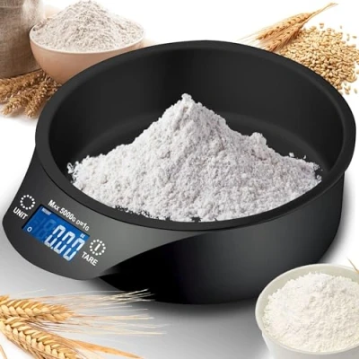 Afbeelding van Retoo Keukenweegschaal met kom, tot 5 kg, kookweegschaal afneembare kom voor bakken en koken, lcd display, digitale weegschaal, huishoudweegschaal grote mengkom, zwart