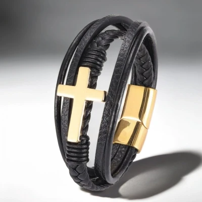 Afbeelding van Heren Armband Leer Zwart met Goud kleurig Kruis 21cm Armbanden Cadeau voor Man Mannen Cadeautjes