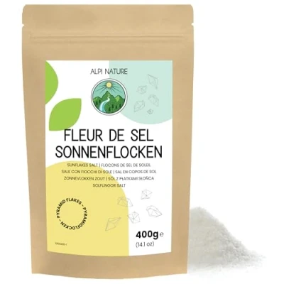 Afbeelding van Sunflakes Zeezoutvlokken 400g van Alpi Nature, Handgeoogste Fleur de Sel Zoutvlokken 0.5 3mm