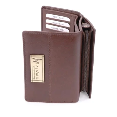 Afbeelding van Catwalk Collection Luxe Dames Mid Size Organiser Trifold portemonnee met Geschenk Doos kwaliteit Echt Leer RFID Protectie Creditcard munten vak rits VICTORIA Bruin