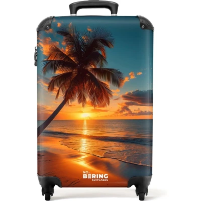 Afbeelding van NoBoringSuitcases.com® Handbagage koffer lichtgewicht Reiskoffer trolley Palmboom bij zonsondergang Rolkoffer met wieltjes Past binnen 55x40x20 en 55x35x25